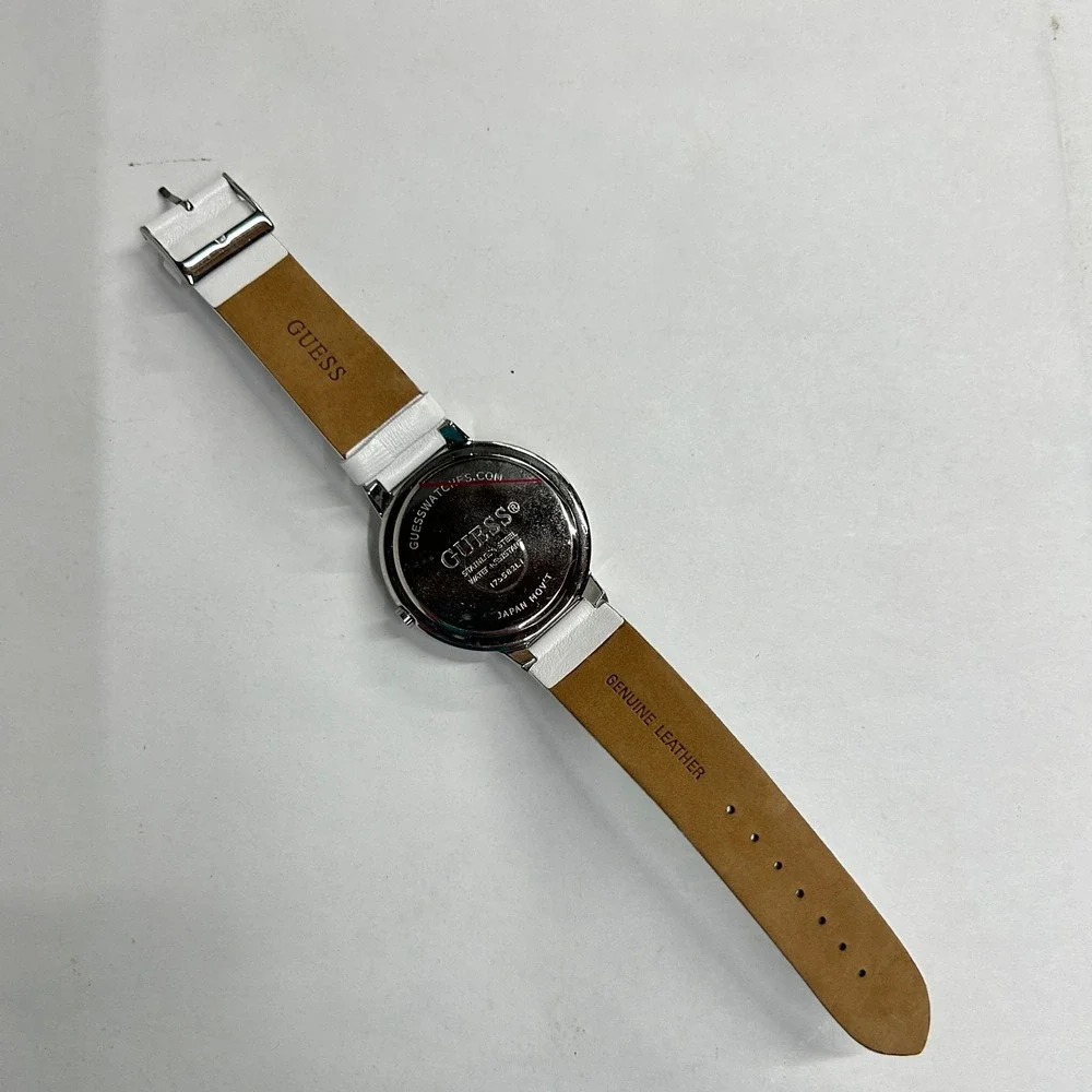 GUESS Paisley Dial Crystal Bezel Watch One Size White Leather Strap Boho Y2K